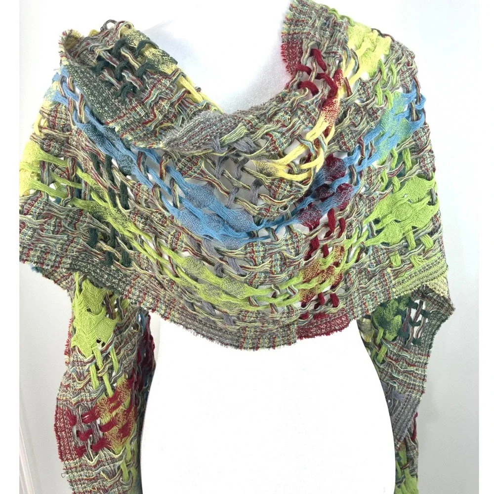 Steampunk Artisan Hand Woven Open Knit Fringe Scarf Shawl Multi-Color OS